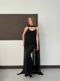Tül Pelerin Detaylı Askılı Balık Model Elbise Siyah