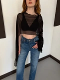 Uzunkol Crop Tül Bluz Siyah