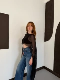 Uzunkol Crop Tül Bluz Siyah