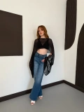 Uzunkol Crop Tül Bluz Siyah