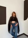 Uzunkol Crop Tül Bluz Siyah