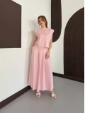 Vatkalı Bluz Piliseli Etek Takım Pembe