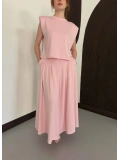 Vatkalı Bluz Piliseli Etek Takım Pembe