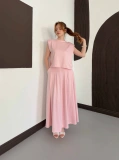 Vatkalı Bluz Piliseli Etek Takım Pembe