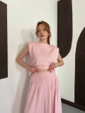 Vatkalı Bluz Piliseli Etek Takım Pembe