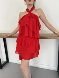 Volanlı Astarlı Tül Mini Elbise Kırmızı