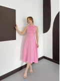 Yaka Detay Sıfır Kol Midi Elbise Pembe