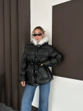 Yaka Peluş Kapüşonlu Şişme Mont Siyah
