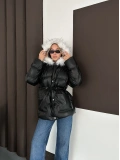 Yaka Peluş Kapüşonlu Şişme Mont Siyah