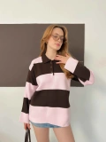 Yakalı Kalın Çizgi Desenli Triko Kazak Pembe