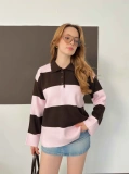 Yakalı Kalın Çizgi Desenli Triko Kazak Pembe