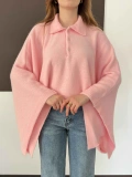 Yakalı Panço Triko Kazak Pembe