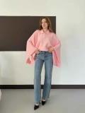 Yakalı Panço Triko Kazak Pembe