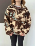 Yarım Fermuar Desenli Peluş Polar Bej