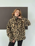 Yarım Fermuar Desenli Peluş Polar Leopar