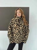Yarım Fermuar Desenli Peluş Polar Leopar