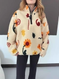 Yarım Fermuar Desenli Peluş Polar Papatya Desen