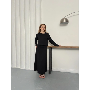 Tek Omuz Croplu Elbiseli Modal Takım Siyah