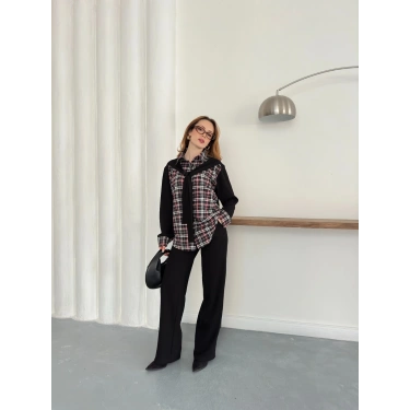 Ekose Detaylı Bağlama Yaka Pantolonlu Takım Siyah