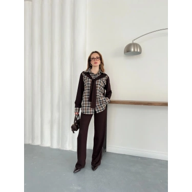 Ekose Detaylı Bağlama Yaka Pantolonlu Takım Kahve