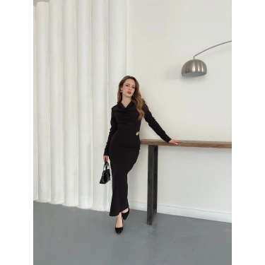 Aksesuar Detaylı Uzun Kol Elbise Siyah