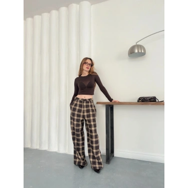 Ekose Yüksek Bel Bol Paça Pantolon Kahve