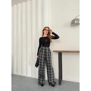 Ekose Yüksek Bel Bol Paça Pantolon Antrasit