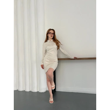 Polo Yaka Düğme Detaylı Uzun Kol Mini Elbise Bej