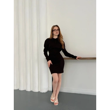 Polo Yaka Düğme Detaylı Uzun Kol Mini Elbise Kahve