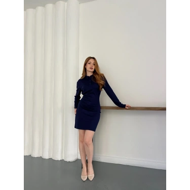 Polo Yaka Düğme Detaylı Uzun Kol Mini Elbise Lacivert
