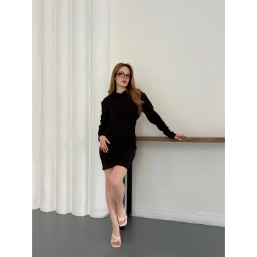 Polo Yaka Düğme Detaylı Uzun Kol Mini Elbise Siyah