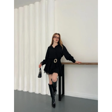 Kemer Aksesuar Detaylı Dantelli Elbise Siyah