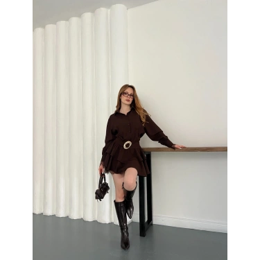 Kemer Aksesuar Detaylı Dantelli Elbise Kahve