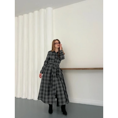 Bel Kuşaklı Ekose Uzun Gömlek Elbise Antrasit