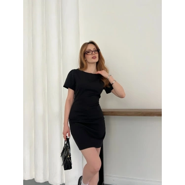 Cep Detaylı Arkası Fermuarlı Mini Elbise Siyah