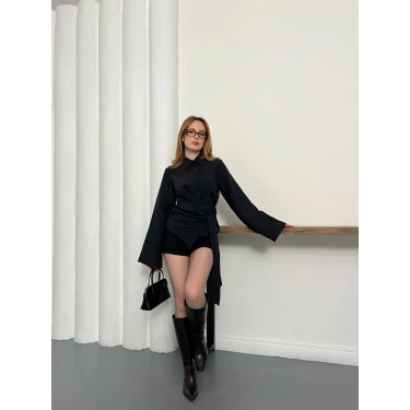 Yandan Bağlamalı İspanyol Kol Gömlek Siyah