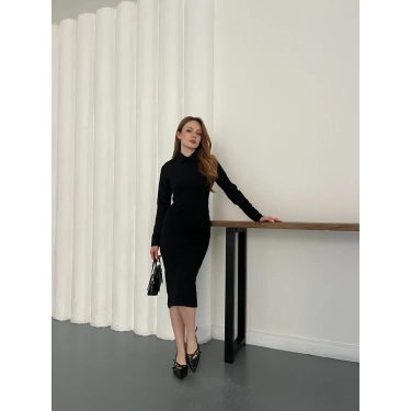 Bebe Yaka Uzun Kol Düğme Detaylı Elbise Siyah