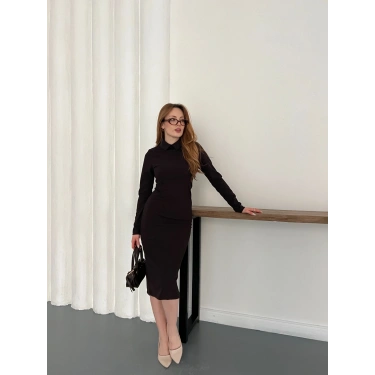 Bebe Yaka Uzun Kol Düğme Detaylı Elbise Kahve