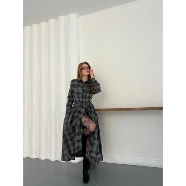 Ekose Belden Bağlamalı Gömlek Elbise Antrasit