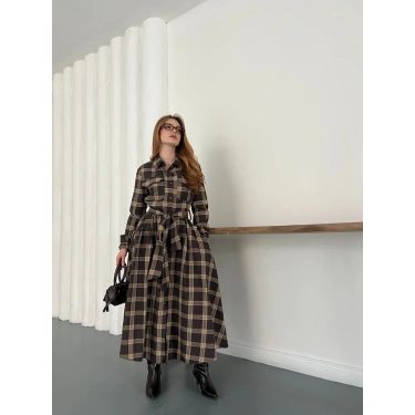 Ekose Belden Bağlamalı Gömlek Elbise Kahve