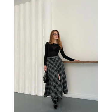 Ekose Kemerli Düğme Detaylı Etek Antrasit