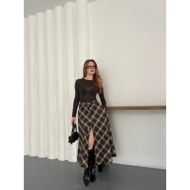 Ekose Kemerli Düğme Detaylı Etek Kahve