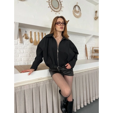 Fermuarlı Kemer Detaylı Oversize Trenç Ceket Siyah