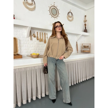 Fermuarlı Kemer Detaylı Oversize Trenç Ceket Bej