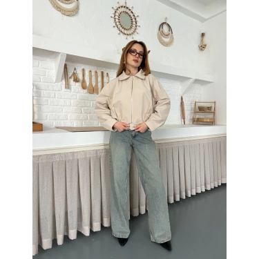 Fermuarlı Kemer Detaylı Oversize Trenç Ceket Taş