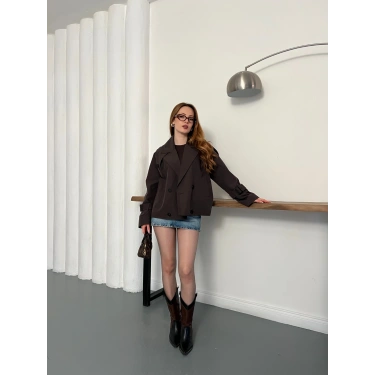 Omuz Kol Manşet Detaylı Cepli Trenç Ceket Acı Kahve