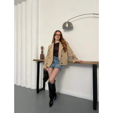 Omuz Kol Manşet Detaylı Cepli Trenç Ceket Camel