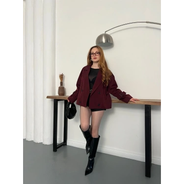 Omuz Kol Manşet Detaylı Cepli Trenç Ceket Bordo