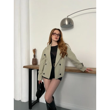 Omuz Kol Manşet Detaylı Cepli Trenç Ceket Haki