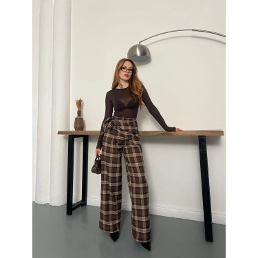 Ekose Yüksek Bel Fularlı Pantolon Kahve